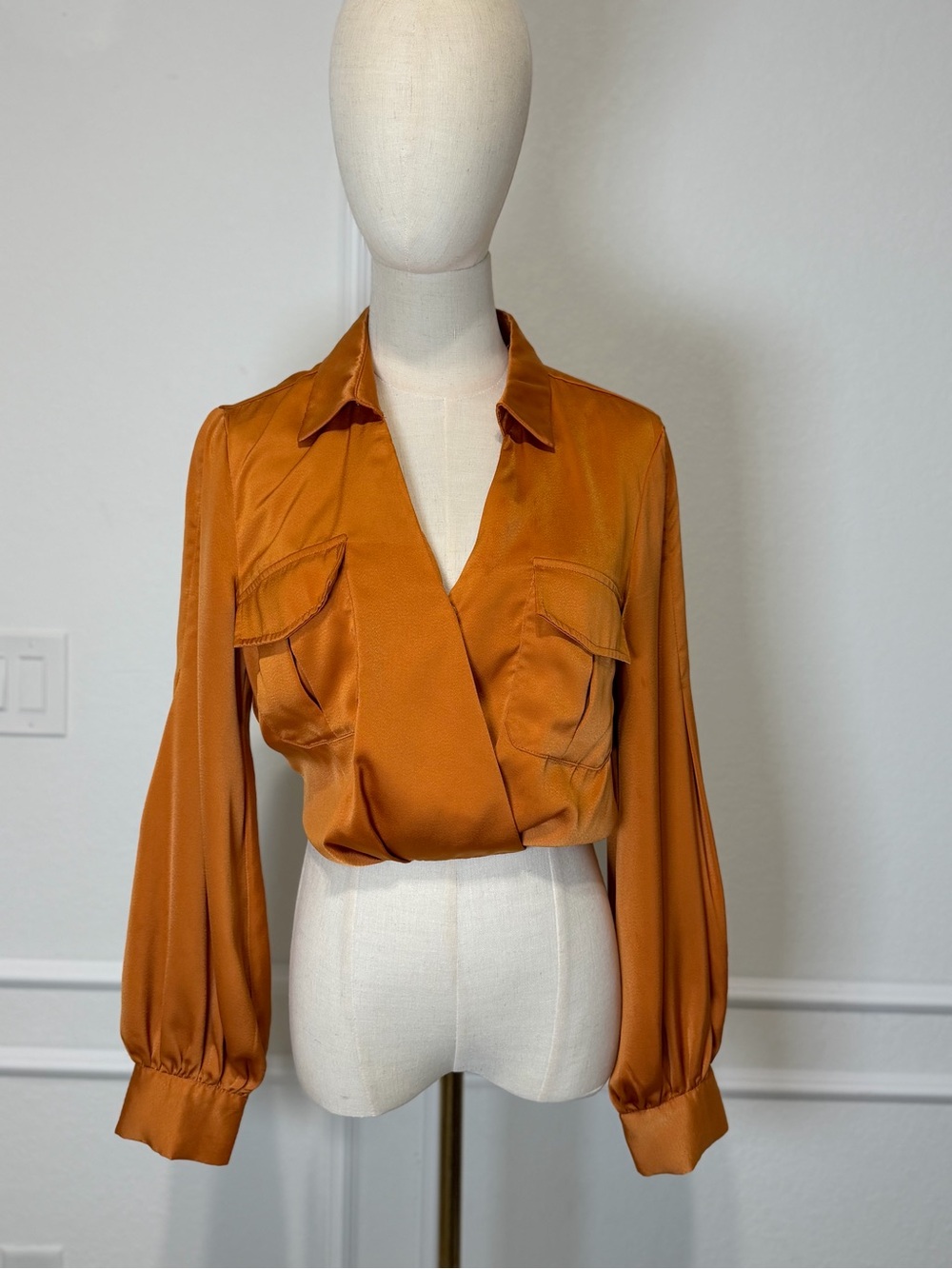 Women's Fall Satin Wrap Blouse in Rust